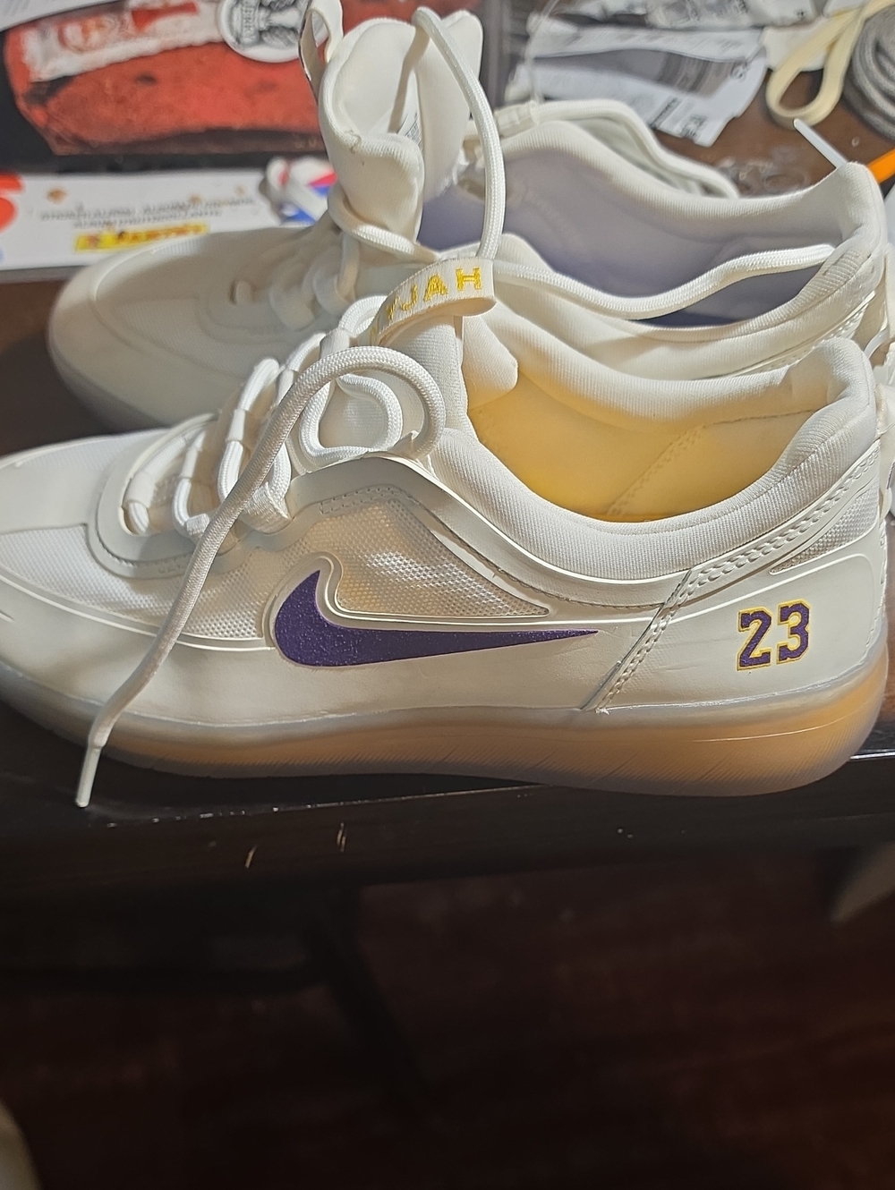 Nike White Sneakers with Purple Swoosh and Yellow '23 Accent